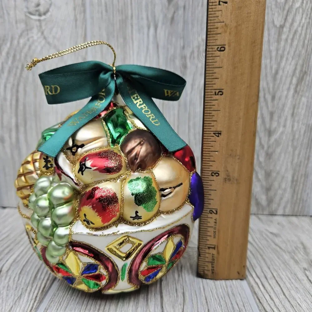 Waterford Glass Ornament Fruit Bowl Hand Painted Holiday Decor Ribbon 5 Inch Art